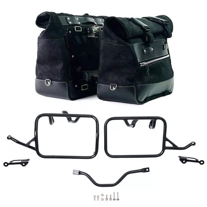 Paire de sacoches cuir fendu Cult Jet Black + cadres Unit Garage BMW R 12 GS - 40/50 litres