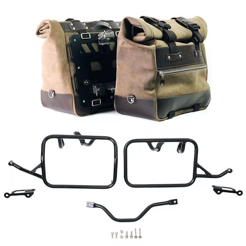 Paire de sacoches cuir fendu Cult Moss Grey + cadres Unit Garage BMW R 12 GS - 40/50 litres
